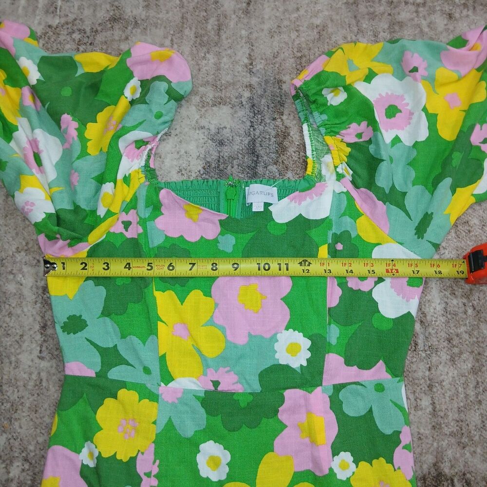 Sugarlips Women's Large Green Floral Mini Dress Puff Sleeve Square Neck - Picture 13 of 16